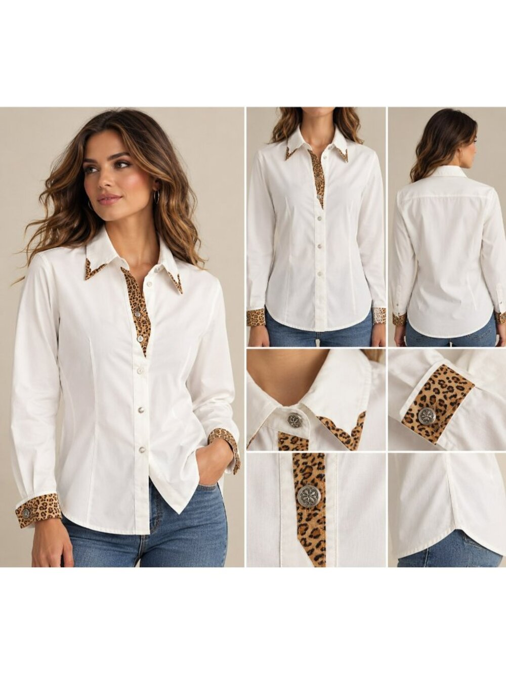 90s NASH Originals Womens L White Leopard Trim Western Shirt Made USA Vintage